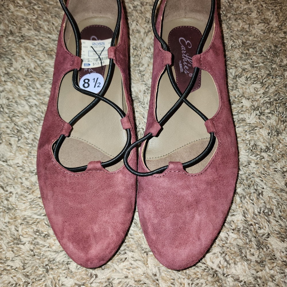 Earthies Suede Ballet Flats Womens Rose Suede Flats with Black Accents